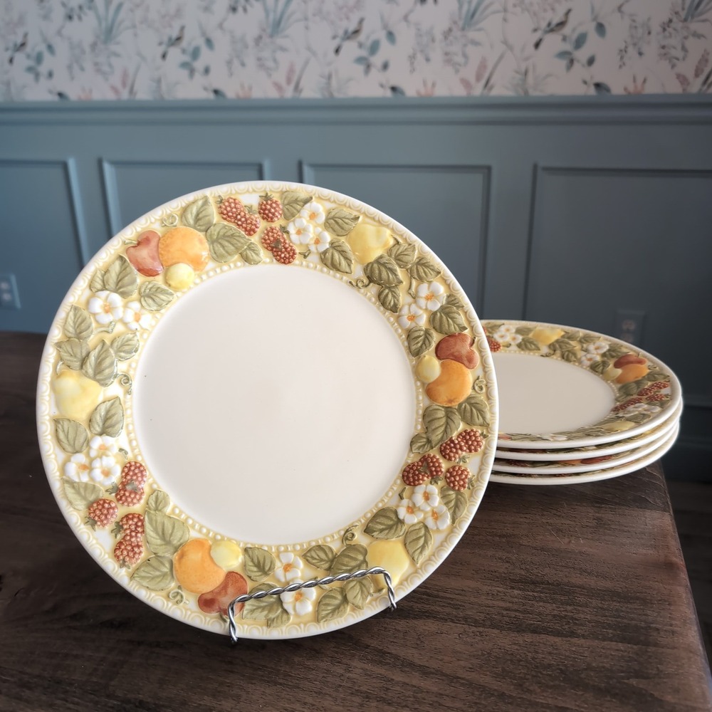 5 Vintage Metlox Vernon Ware Della Robbia 70s Fall Fruit Dinner Plates 10.5 Set